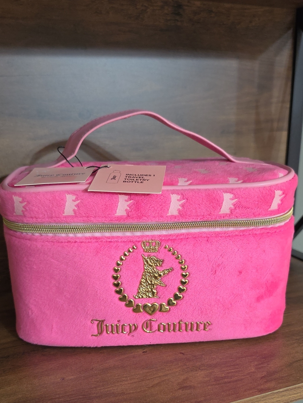 Juicy Couture Hot Pink Plush Cosmetic Vanity Case with Gold Crest